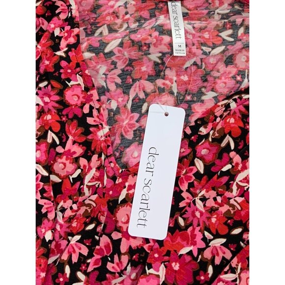 Dear Scarlett Womens Pink Floral Medium Blouse Short Sleeve V-Neckline NEW - Picture 4 of 7